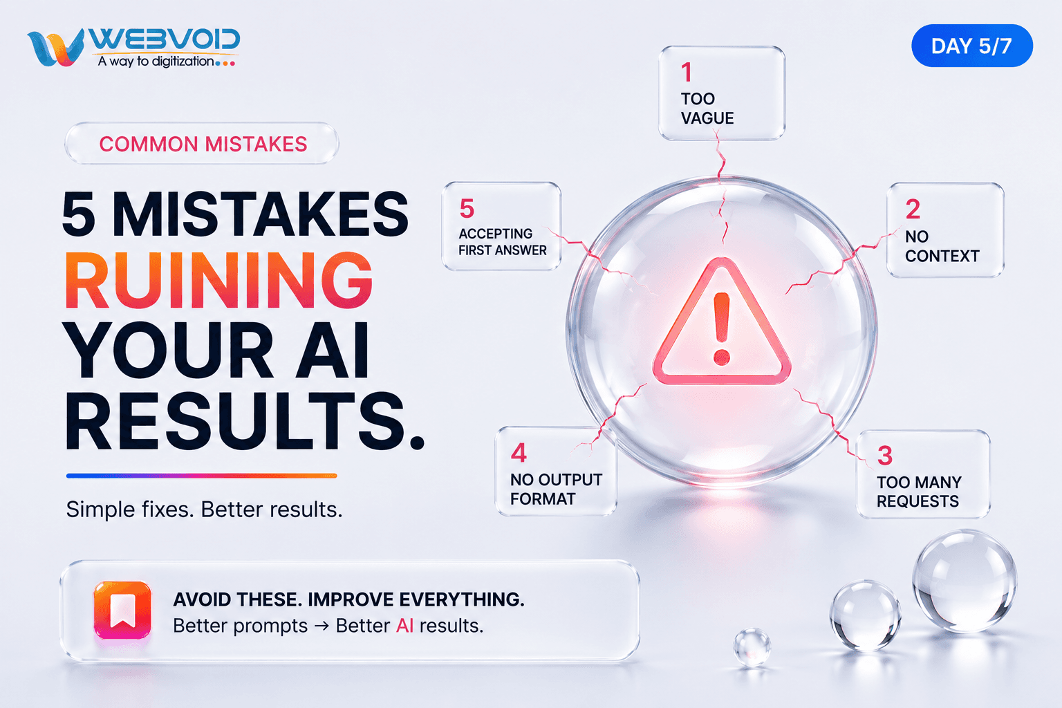 Glassmorphism illustration showing five common prompt engineering mistakes that reduce AI response quality.