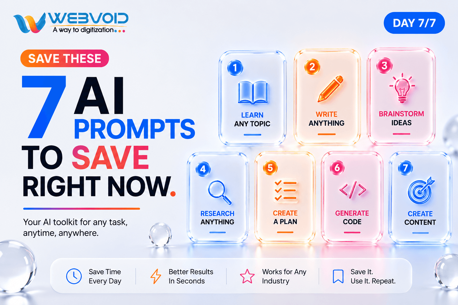 Premium Webvoid cover image showing seven AI prompt templates represented as glowing glass cards with the headline "7 AI Prompts to Save Right Now."