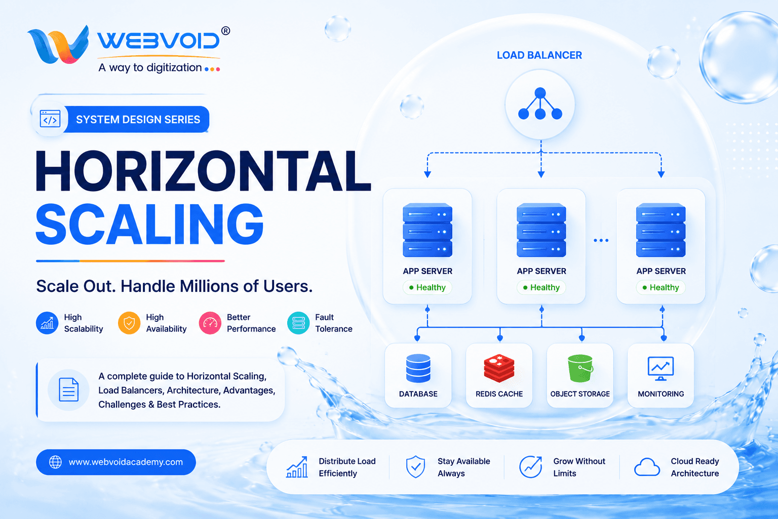 Illustration of Horizontal Scaling showing multiple application servers behind a Load Balancer.