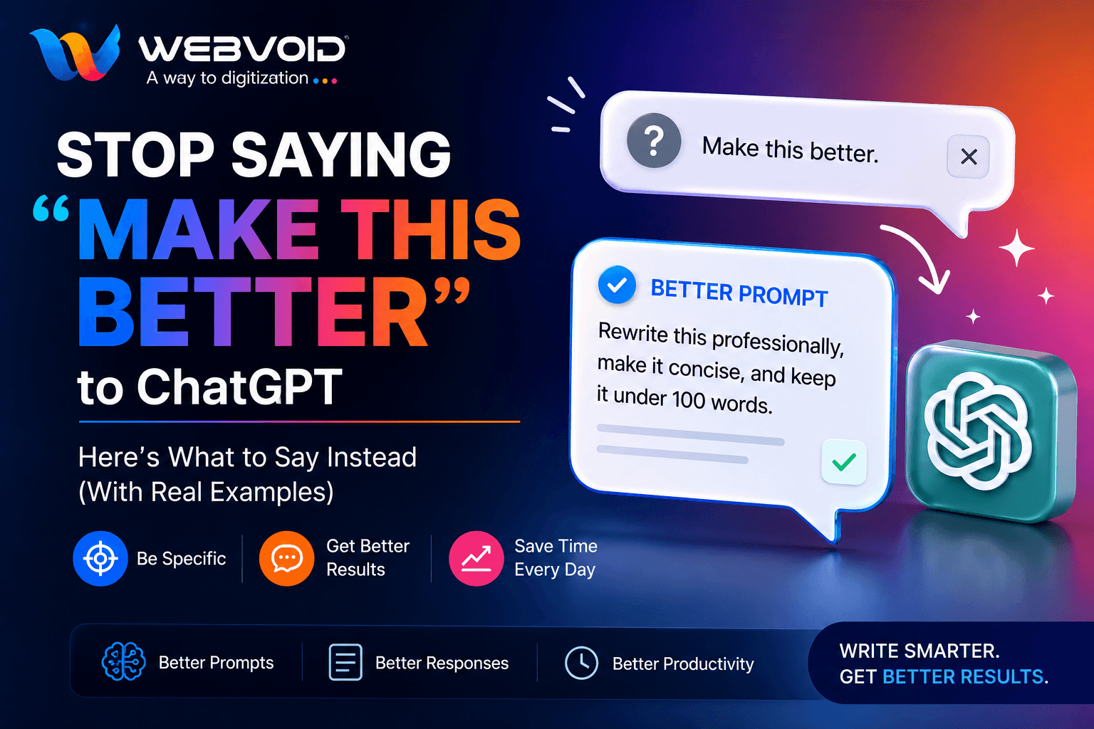 Webvoid AI prompt engineering cover showing “Stop Saying Make This Better” with a premium glassmorphism design.